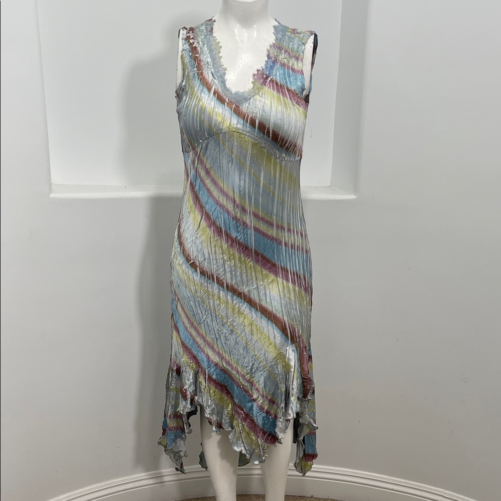 Komarov Crinkle Multicolor Sleeveless Asymmetrical Midi Dress Size XL Cocktail